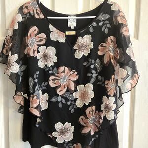 Naif Dark Floral Overlay Blouse Keyhole Neckline Black Sz L Whimsygoth FairyBoho